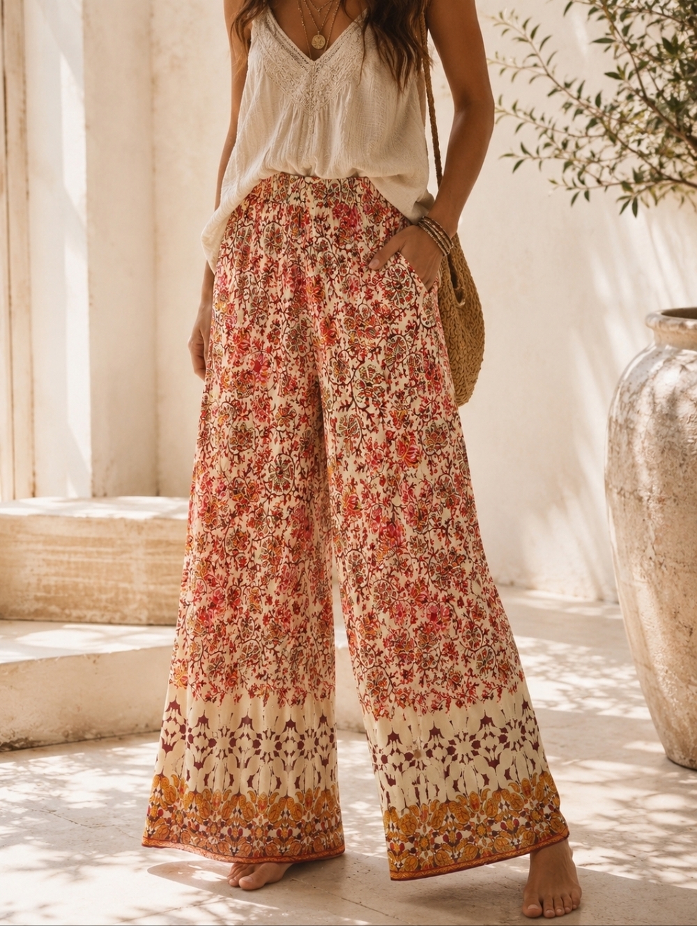 Maison d’Amélie Paris Boho Wide Leg Palazzo Pants Floral Border Print Medium